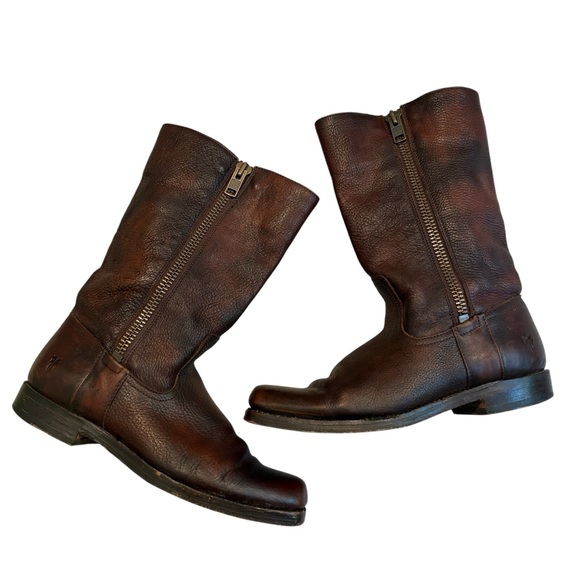 Frye Heath Outside Zip Leather Boots, Maple Brown, Sz 9 - Picture 2 of 16